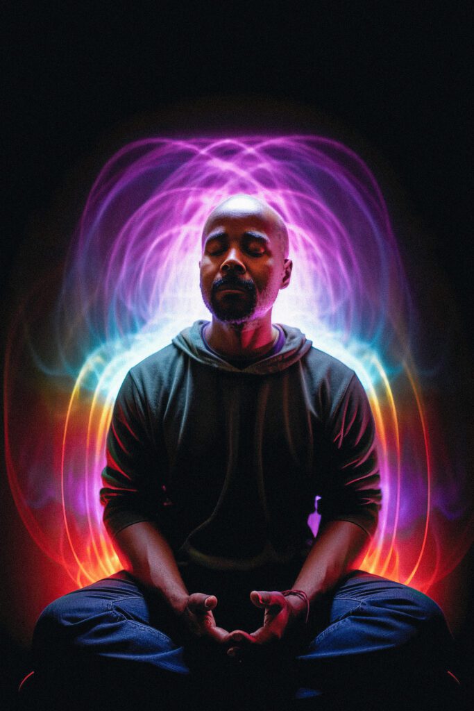 Man with rainbow lines around him in meditation