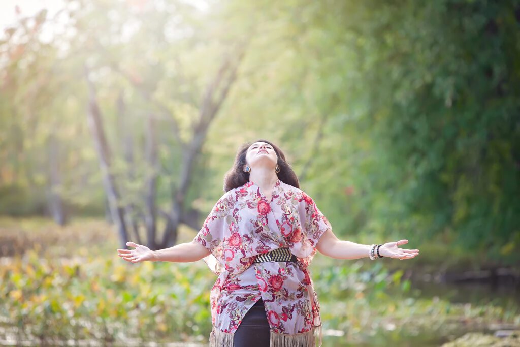 Woman practicing gratitude