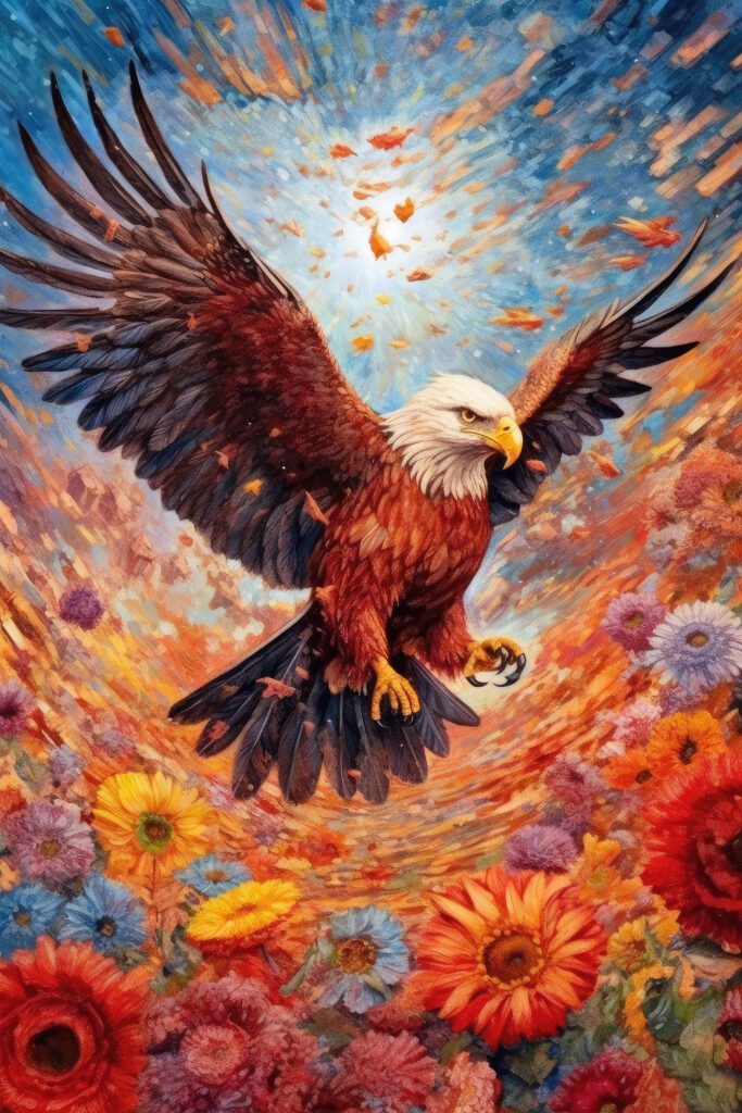 Eagle flying above flowers