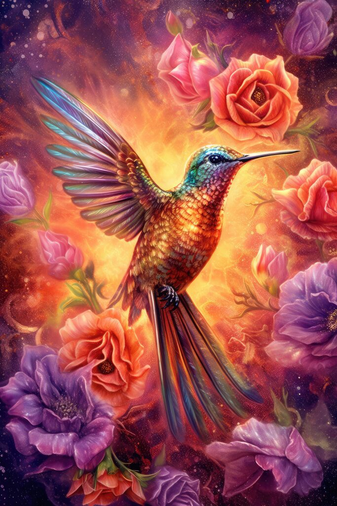 Artistic rendering of hummingbird in flowers