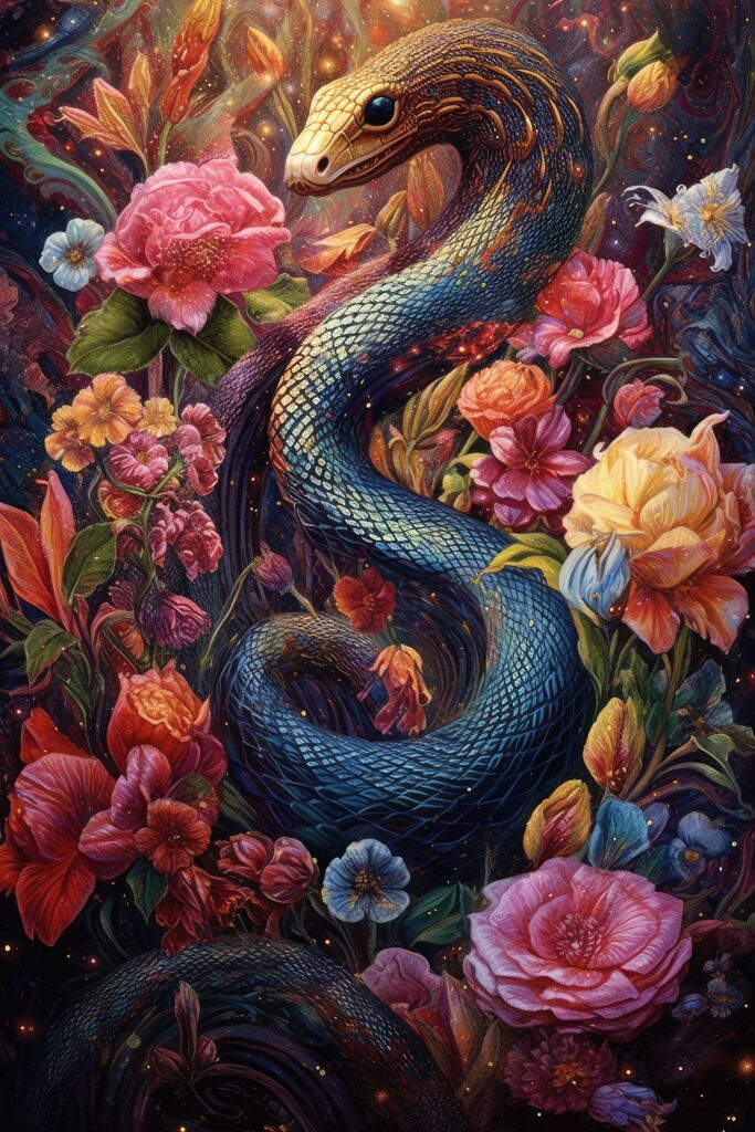 artistic rendering of serpent in flowers