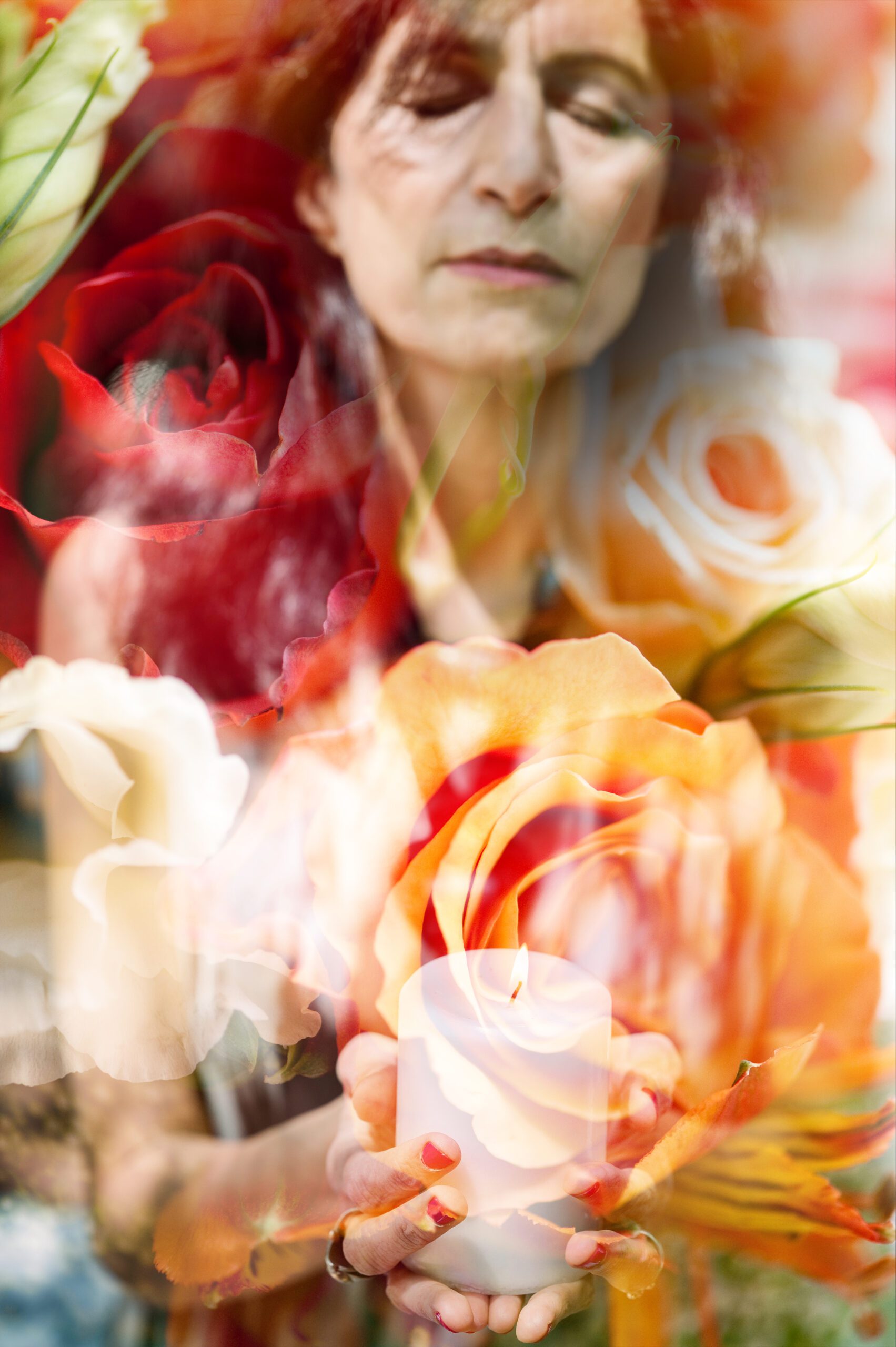 Woman in meditation with candle and roses