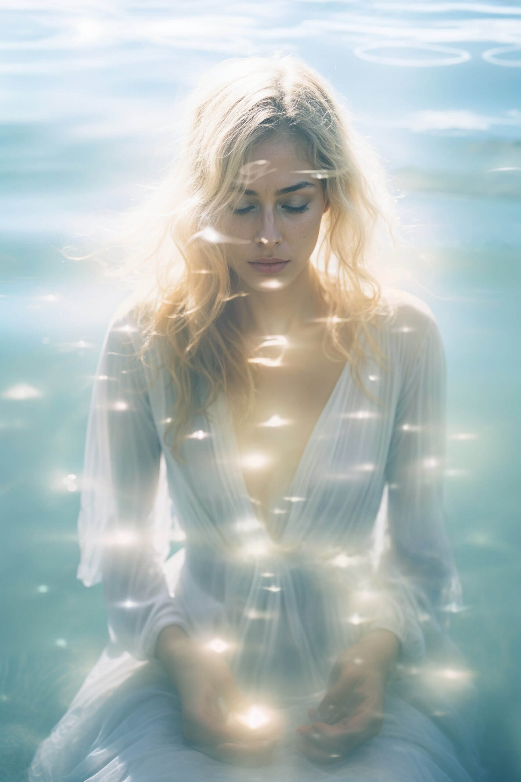 Woman in a white robe surrounded by radiant white light, embodying Divine Feminine energy, spiritual purity, and inner empowerment